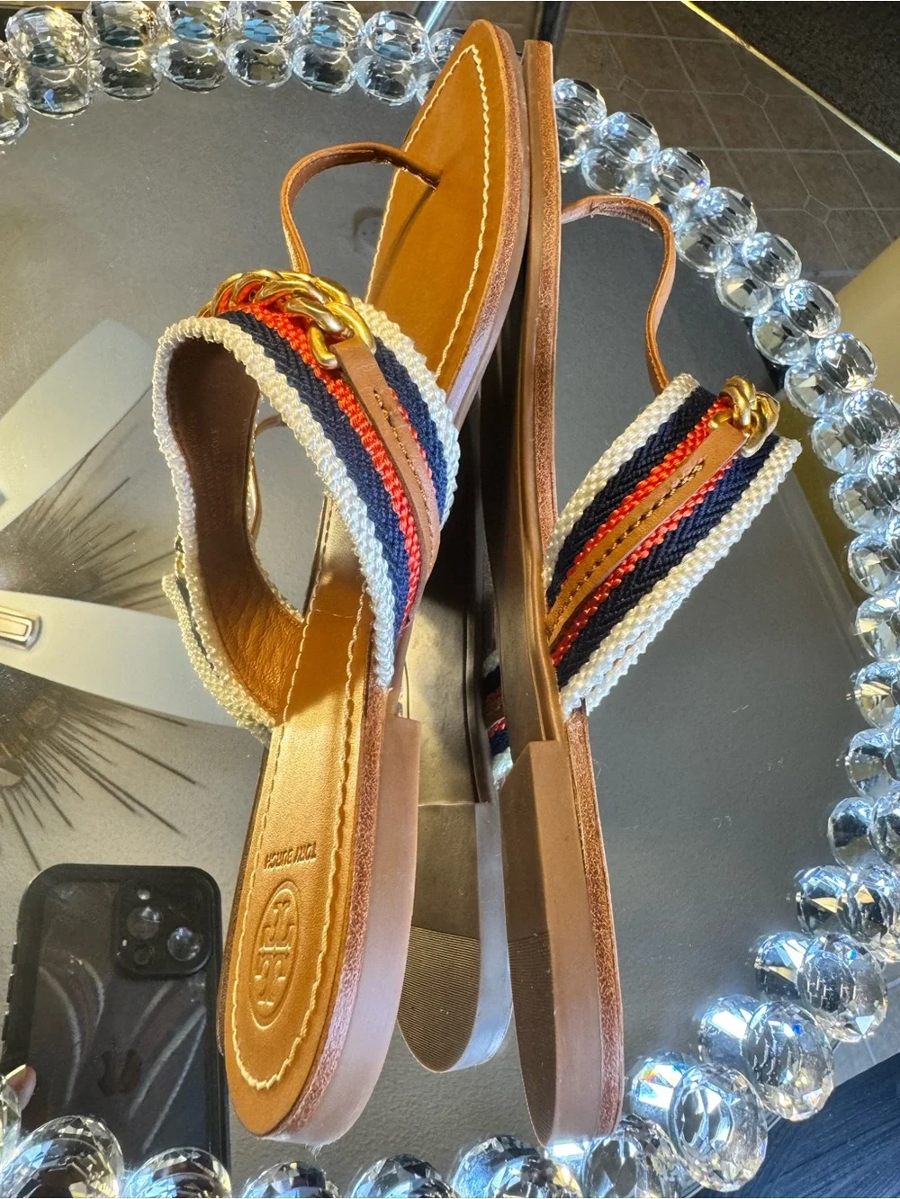 Tory Burch Mini Benton Chain Band Sandal Calf Leather / Webbing. Size 8
